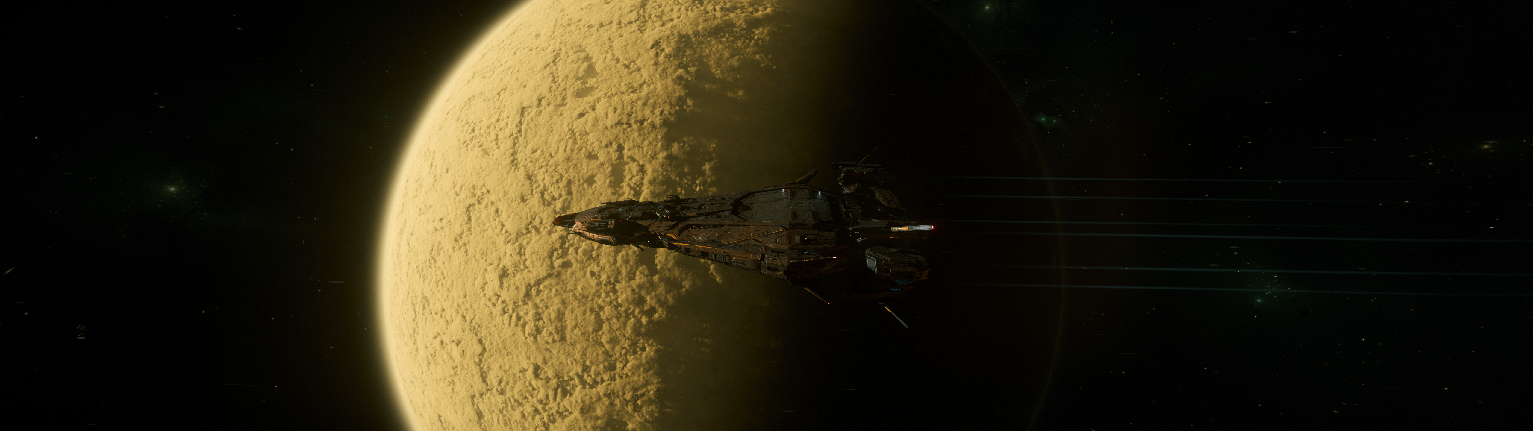 Balanced between shadow and sunlight, this fleeting moment captures the scale and beauty of the Stanton system.